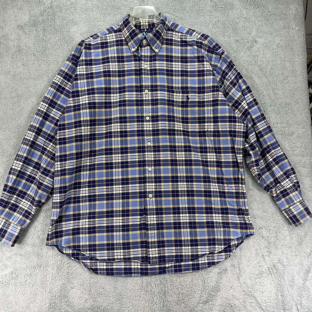 Ralph Lauren Big Shirt Mens Large Blue Plaid Cotton Pony Logo Button-Down